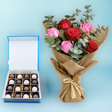 Beautiful Bouquet, Assorted Truffle Chocolate Box, 16pcs, Pink and Red Roses, Truffle Chocolate Balls